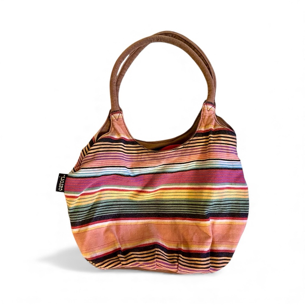 Catori Multicolor Boho Striped Shoulder Bag Tote Red Interior Zip Close Pockets